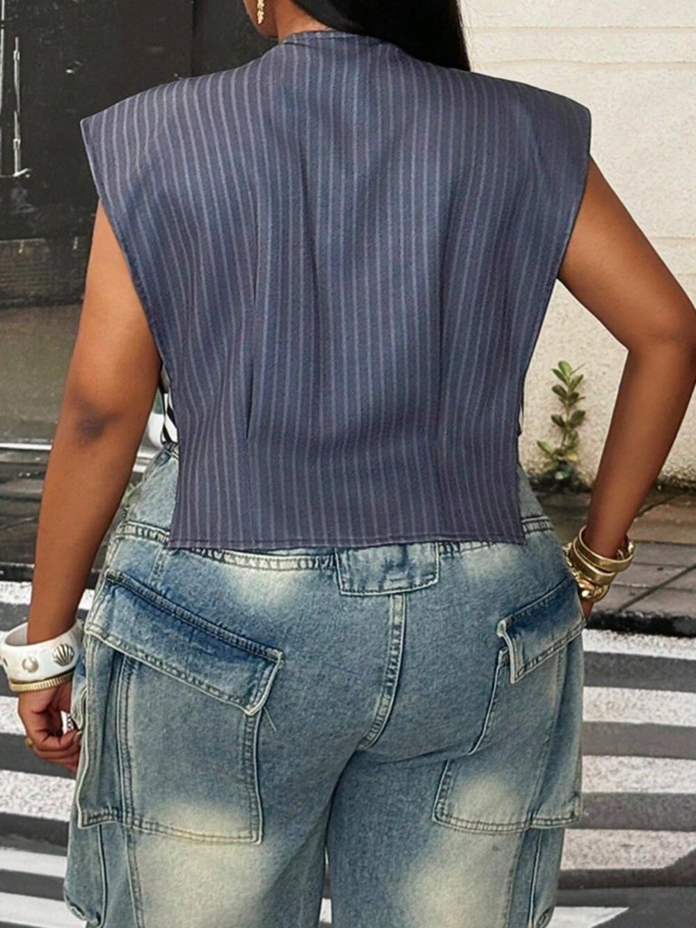 Grey Casual Women's Geometric Striped Batwing Asymmetrical Vest Top - Picture 2 of 7